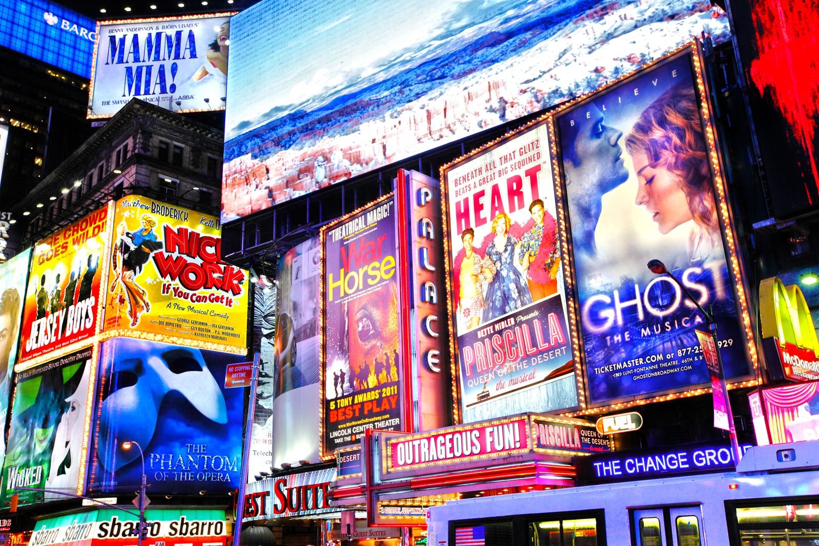 Times Square billboards for Broadway shows and brands, the kind of busy media landscape travel trade news covers